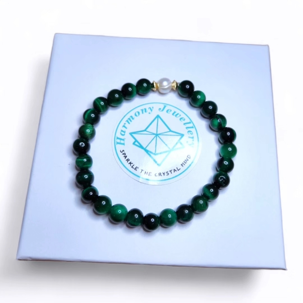 6 mm Green Tiger Eye Gold plated Freshwater Pearl bracelet 6 mm
